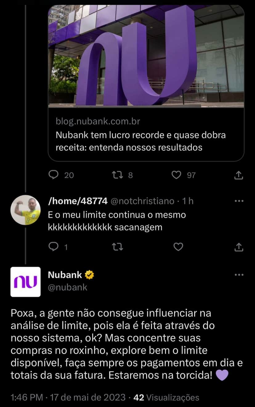 Clientes do Nubank estão enfurecidos com situação nesta quarta-feira (17) - Foto Reprodução Twitter Clientes do Nubank estão enfurecidos com situação nesta quarta-feira (17) - Foto Reprodução Twitter
