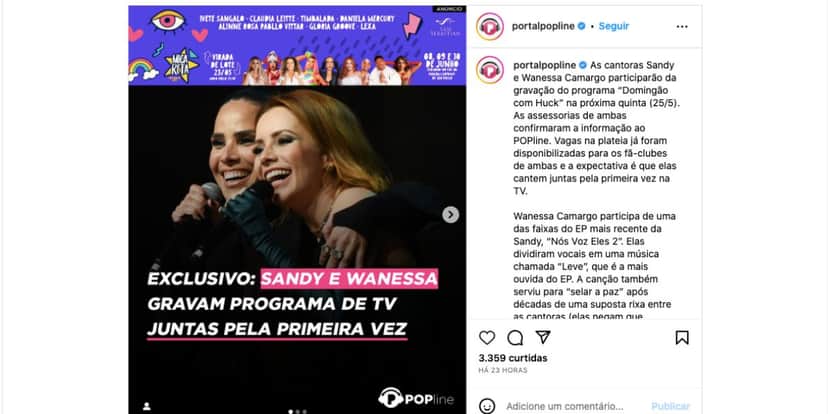 Comunicado sobre Wanessa Camargo e Sandy (Foto" Reprodução / Instagram) Comunicado sobre Wanessa Camargo e Sandy (Foto" Reprodução / Instagram)