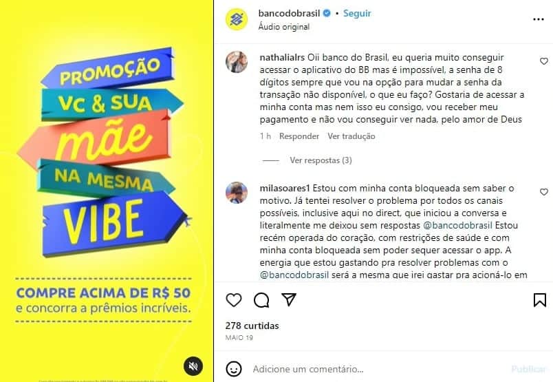 Imagem da publicação do Banco do Brasil que recebeu várias reclamações de clientes - Foto Reprodução Instagram Imagem da publicação do Banco do Brasil que recebeu várias reclamações de clientes - Foto Reprodução Instagram