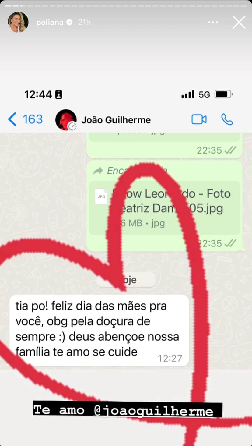 Poliana Rocha entrega print de conversa com João Guilherme, no Dia das Mães - Foto Reprodução Instagram Poliana Rocha entrega print de conversa com João Guilherme, no Dia das Mães - Foto Reprodução Instagram