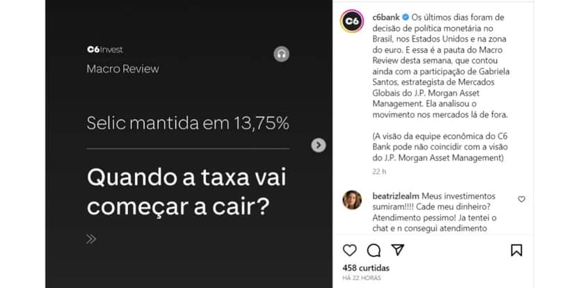 Aviso do C6 Bank nas rede sociais (Foto: Reprodução/Instagram) Aviso do C6 Bank nas rede sociais (Foto: Reprodução/Instagram)