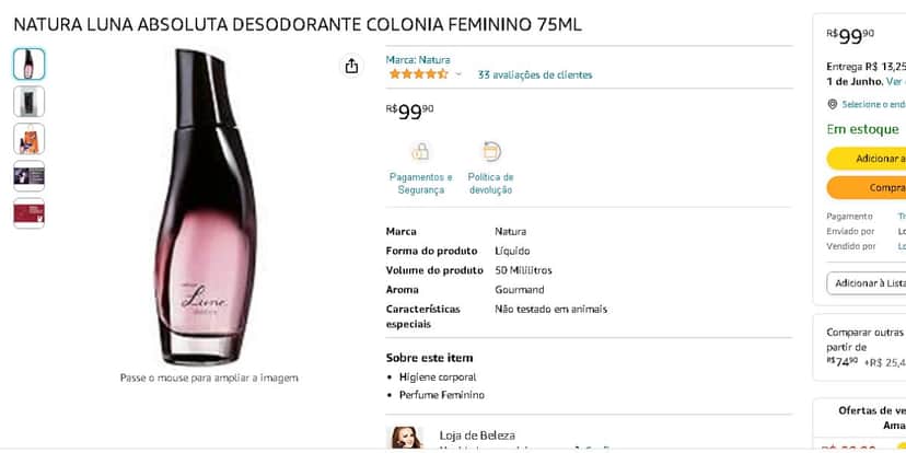 NATURA LUNA ABSOLUTA DESODORANTE COLONIA FEMININO (Reprodução - Amazon) NATURA LUNA ABSOLUTA DESODORANTE COLONIA FEMININO (Reprodução - Amazon)