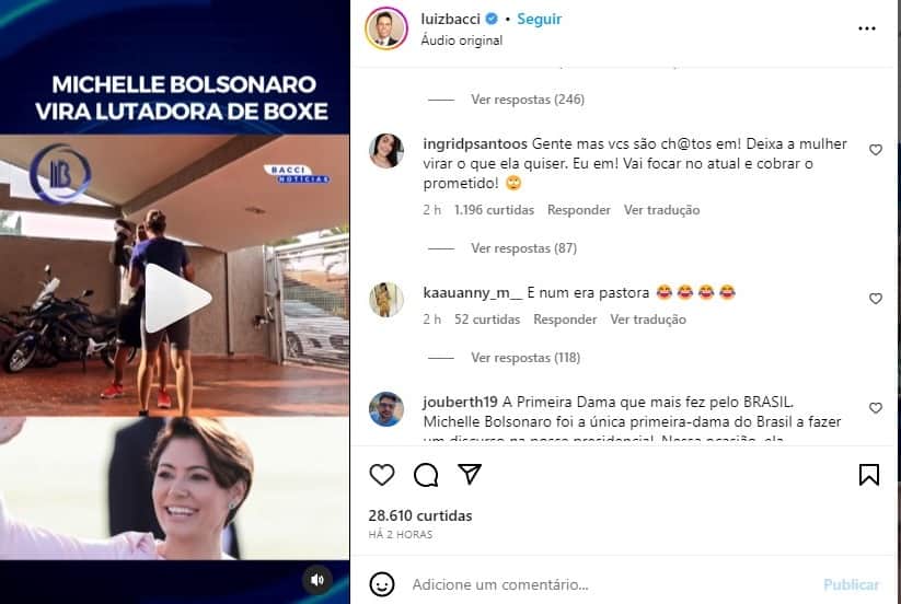 Pessoas criticando Michelle Bolsonaro em vídeo de Luiz Bacci (Reprodução - Instagram) Pessoas criticando Michelle Bolsonaro em vídeo de Luiz Bacci (Reprodução - Instagram)
