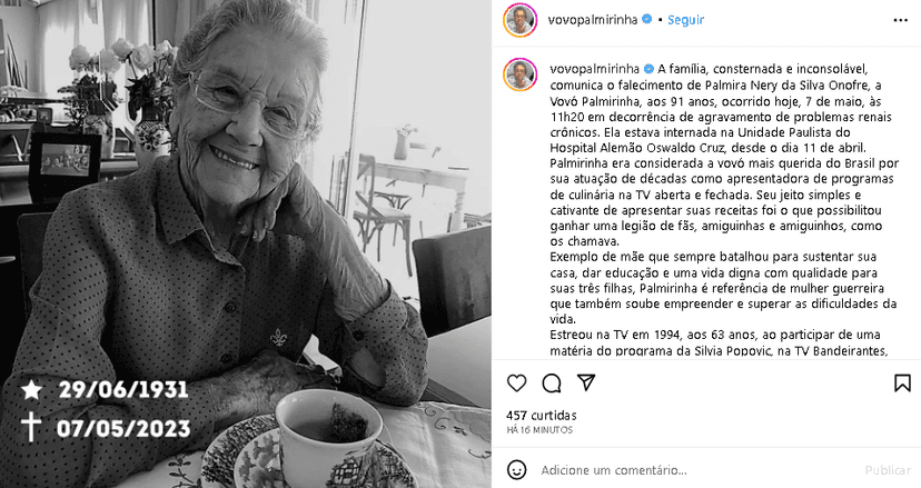 Palmirinha morreu aos 91 anos (Foto: Reprodução/ Instagram) Palmirinha morreu aos 91 anos (Foto: Reprodução/ Instagram)