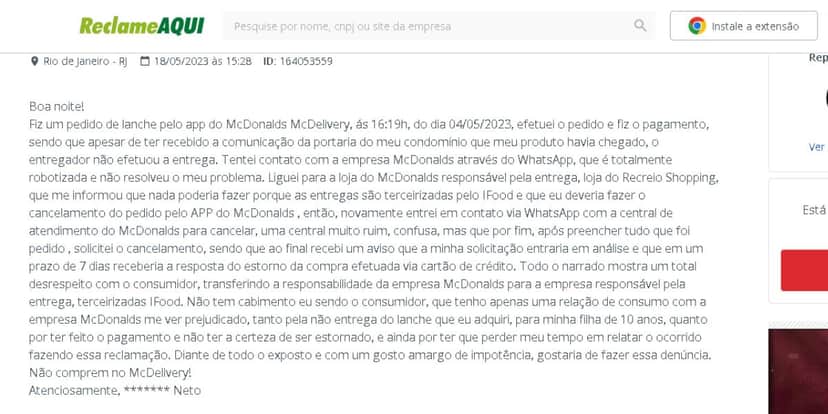 Cliente reclama que pediu e pagou pedido no McDonald's mas não recebeu (Reprodução - Reclame Aqui) Cliente reclama que pediu e pagou pedido no McDonald's mas não recebeu (Reprodução - Reclame Aqui)