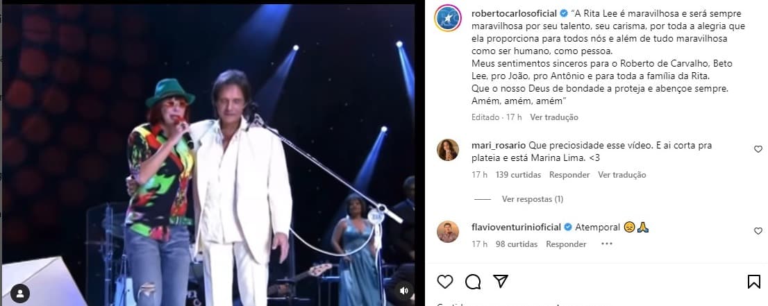 Linda declaração do cantor para Rita Lee (Reprodução: Instagram) Linda declaração do cantor para Rita Lee (Reprodução: Instagram)