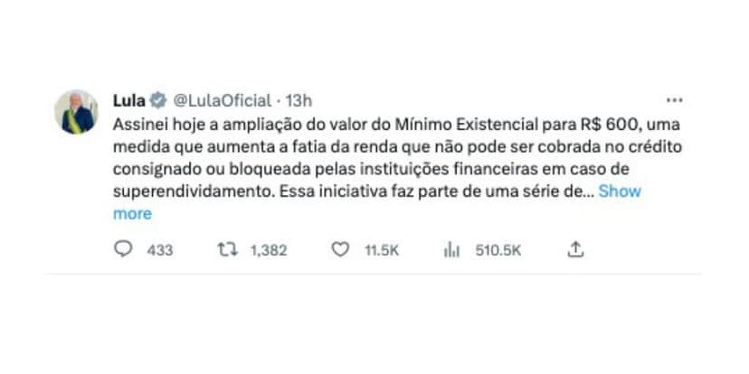 Anúncio de Lula sobre ampliação do mínimo existencial (Foto: Reprodução / Twitter) Anúncio de Lula sobre ampliação do mínimo existencial (Foto: Reprodução / Twitter)