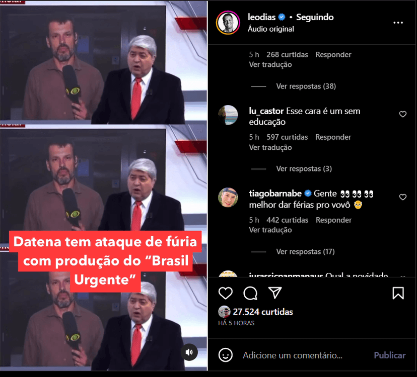 Publicação de Leo Dias com o vídeo exibido de Datena "surtando" com sua equipe (Foto Reprodução/Instagram) Publicação de Leo Dias com o vídeo exibido de Datena "surtando" com sua equipe (Foto Reprodução/Instagram)
