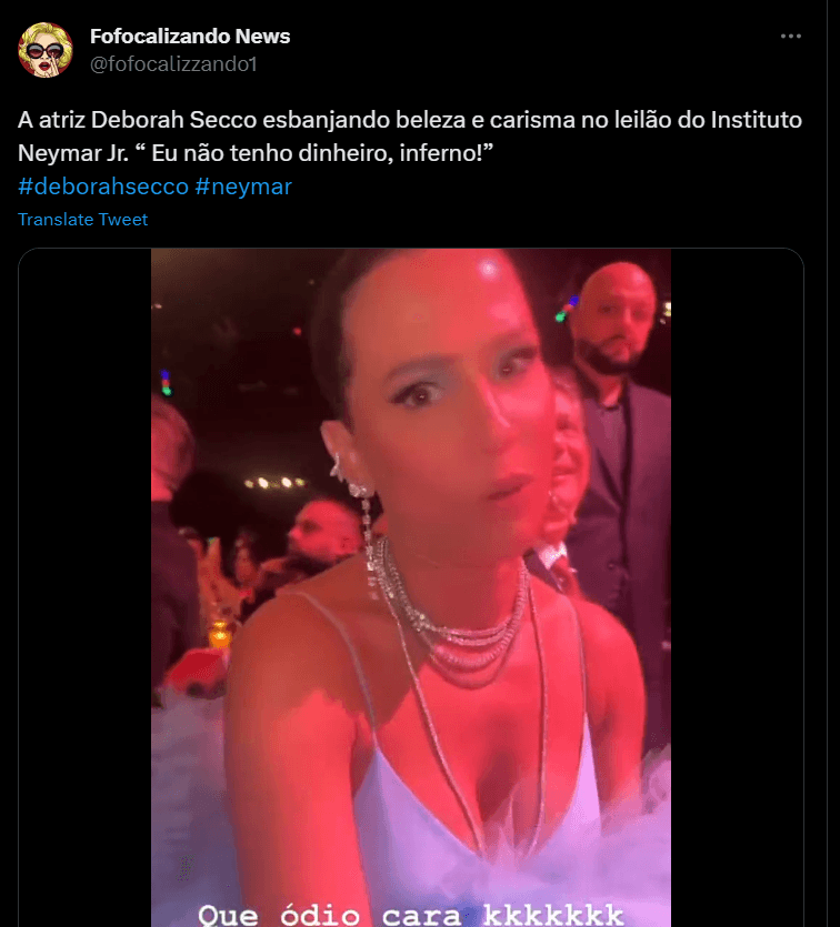 Vídeo de Deborah Secco no leilão do Instituto Neymar Jr (Foto Reprodução/Twitter) Vídeo de Deborah Secco no leilão do Instituto Neymar Jr (Foto Reprodução/Twitter)