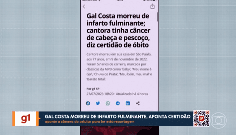 Notícia do G1 revela causa da morte de Gal Costa (Foto Reprodução/Globoplay) Notícia do G1 revela causa da morte de Gal Costa (Foto Reprodução/Globoplay)