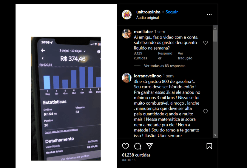 Postagem da namorada de um rapaz que trabalha com Uber, aonde detalha seus ganhos (Foto Reprodução/Instagram) Postagem da namorada de um rapaz que trabalha com Uber, aonde detalha seus ganhos (Foto Reprodução/Instagram)