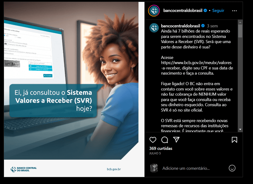 Comunicado feito pelo Banco Central a respeito do SVR (Foto Reprodução/Instagram) Comunicado feito pelo Banco Central a respeito do SVR (Foto Reprodução/Instagram)