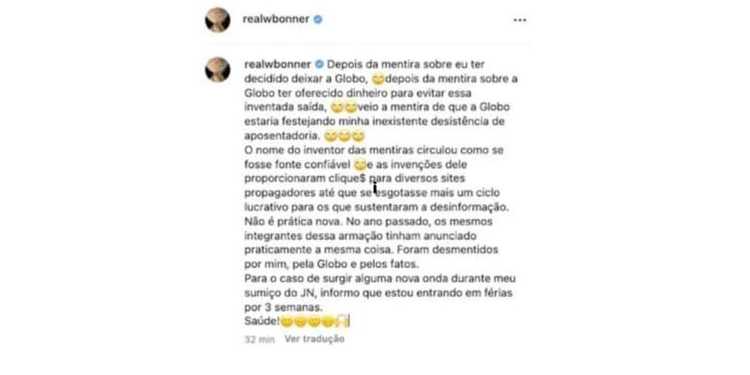Comunicado William Bonner sobre possível aposentadoria (Foto: Reprodução/ Instagram) Comunicado William Bonner sobre possível aposentadoria (Foto: Reprodução/ Instagram)
