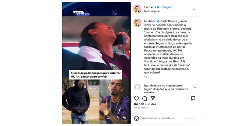 Luiz Bacci expõe vídeo de Carla Ramos (Foto: Reprodução / Instagram) Luiz Bacci expõe vídeo de Carla Ramos (Foto: Reprodução / Instagram)