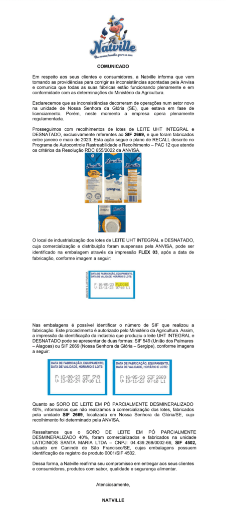 Nota da Natville (Reprodução - Site oficial) Nota da Natville (Reprodução - Site oficial)