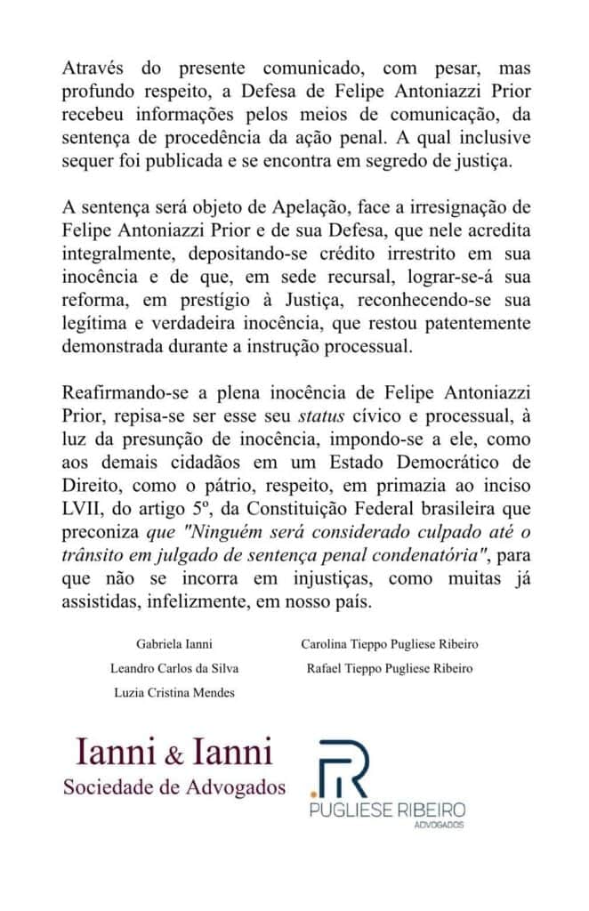 Nota do advogado de Felipe Prior (Foto: Reprodução / Instagram) Nota do advogado de Felipe Prior (Foto: Reprodução / Instagram)