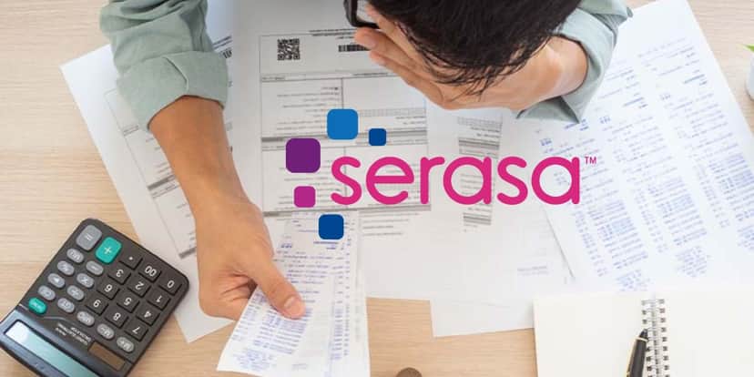 Pessoa cheia de contas e boletos para pagar e logo do Serasa - Foto Reprodução Internet Pessoa cheia de contas e boletos para pagar e logo do Serasa - Foto Reprodução Internet