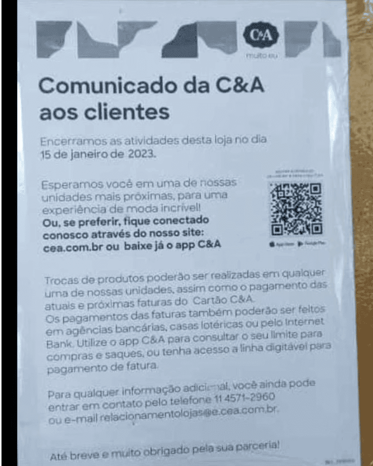 Comunicado da C&A anunciando fechamento de loja - Foto: Reprodução/Internet Comunicado da C&A anunciando fechamento de loja - Foto: Reprodução/Internet