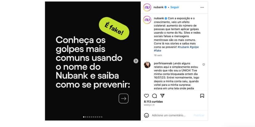 Alerta sobre golpes envolvendo nome da Nubank (Foto: Reprodução / Instagram) Alerta sobre golpes envolvendo nome da Nubank (Foto: Reprodução / Instagram)