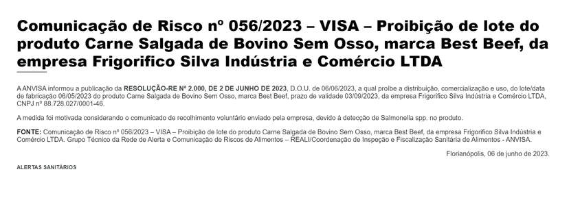 Aviso de Risco emitido pela Anvisa e publicado no DOU (Foto Reprodução/Prefeitura de Florianópolis) Aviso de Risco emitido pela Anvisa e publicado no DOU (Foto Reprodução/Prefeitura de Florianópolis)