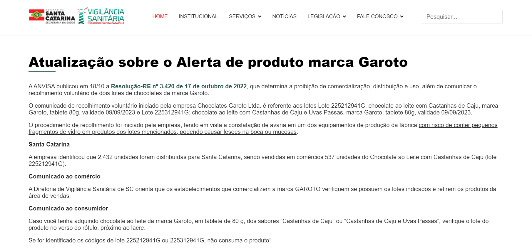 Comunicado oficial da ANVISA (Foto Reprodução/Prefeitura de Santa Catarina) Comunicado oficial da ANVISA (Foto Reprodução/Prefeitura de Santa Catarina)