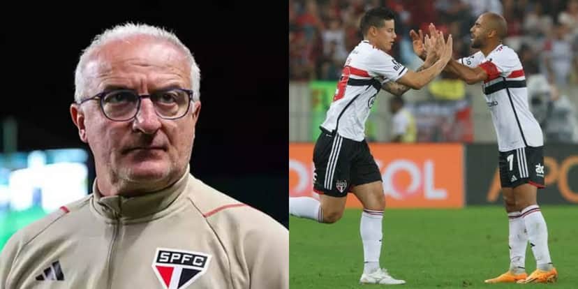 Dorival Júnior e os jogadores James Rodríguez e Lucas, do São Paulo (Foto - Montagem TV Foco). Dorival Júnior e os jogadores James Rodríguez e Lucas, do São Paulo (Foto - Montagem TV Foco).