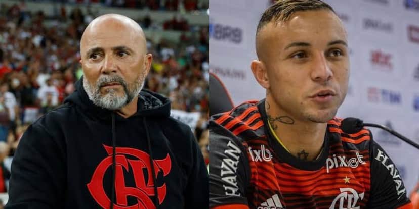Everton Cebolinha e o treinador Jorge Sampaoli (Foto - Montagem TV Foco). Everton Cebolinha e o treinador Jorge Sampaoli (Foto - Montagem TV Foco).