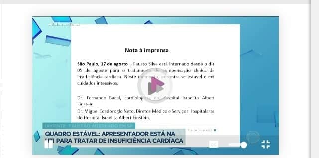 Nota a impressa da situação do apresentador Faustão - Foto Reprodução Record Nota a impressa da situação do apresentador Faustão - Foto Reprodução Record