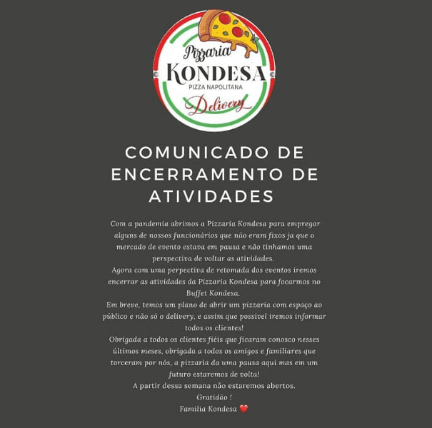 Comunicado da Pizzaria Kondesa (Foto: Reprodução/ Internet) Comunicado da Pizzaria Kondesa (Foto: Reprodução/ Internet)