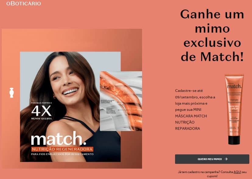 Promoção do boticario da mascara match nutricao reparadora - Foto Reprodução Internet Promoção do boticario da mascara match nutricao reparadora - Foto Reprodução Internet