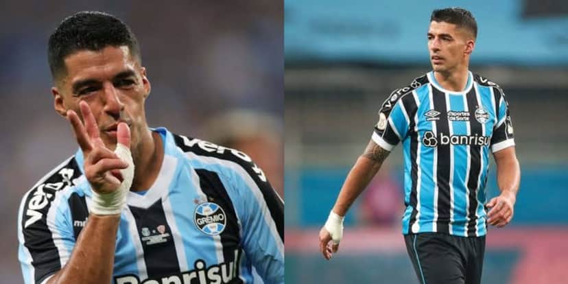 Suárez, atacante do Grêmio (Montagem TV Foco). Suárez, atacante do Grêmio (Montagem TV Foco).