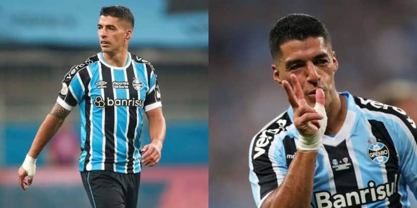 Suárez, camisa 9 e principal jogador do Grêmio (Montagem TV Foco). Suárez, camisa 9 e principal jogador do Grêmio (Montagem TV Foco).
