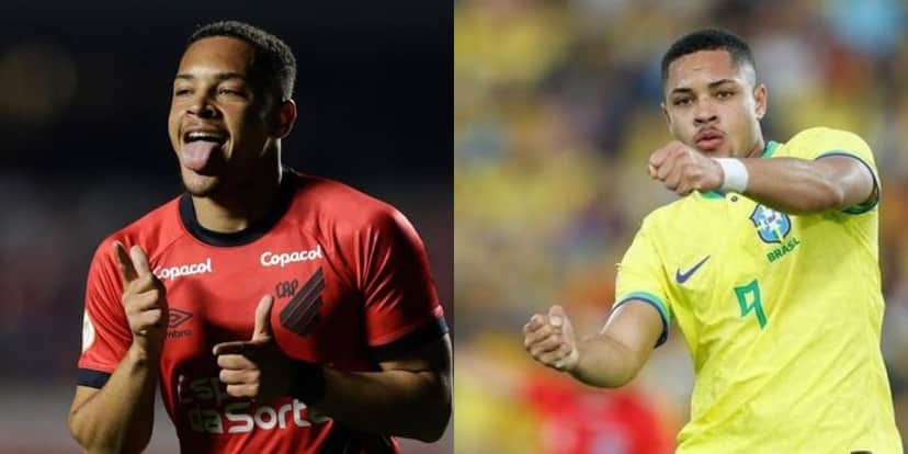 Vitor Roque, atacante do Athletico Paranaense (Foto - Montagem TV Foco). Vitor Roque, atacante do Athletico Paranaense (Foto - Montagem TV Foco).