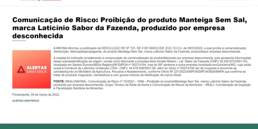 Comunicado oficial da Anvisa (Foto: Reprodução/Vigilância Sanitária SC) Comunicado oficial da Anvisa (Foto: Reprodução/Vigilância Sanitária SC)