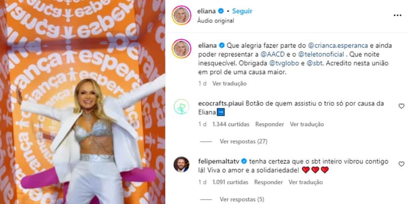 Eliana se mostrando feliz em ter participado do Criança Esperança (Reprodução: Instagram) Eliana se mostrando feliz em ter participado do Criança Esperança (Reprodução: Instagram)