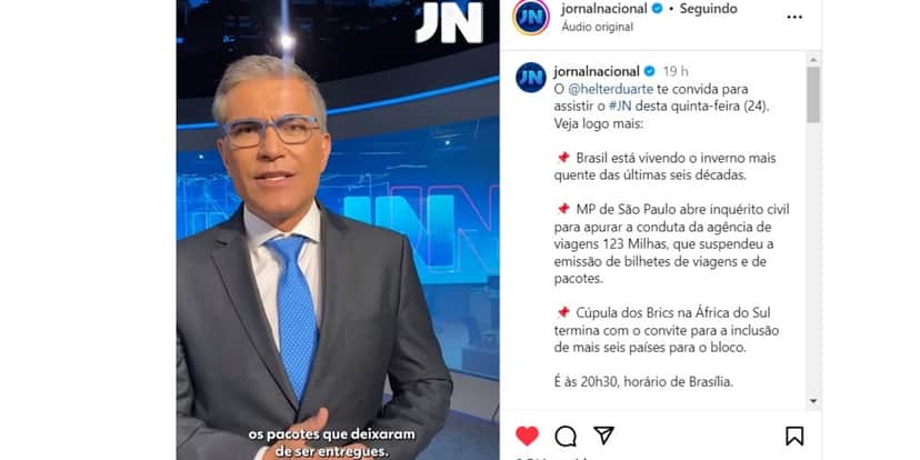 Hélter Duarte nas redes sociais do "Jornal Nacional" (Foto: Reprodução/Instagram) Hélter Duarte nas redes sociais do "Jornal Nacional" (Foto: Reprodução/Instagram)