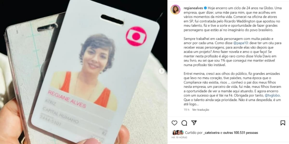 Post de despedida de Regiane Alves nas redes sociais (Foto: Reprodução/Instagram) Post de despedida de Regiane Alves nas redes sociais (Foto: Reprodução/Instagram)