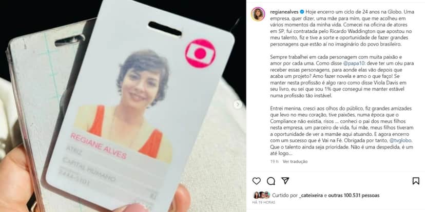 Post de despedida de Regiane Alves nas redes sociais (Foto: Reprodução/Instagram) Post de despedida de Regiane Alves nas redes sociais (Foto: Reprodução/Instagram)