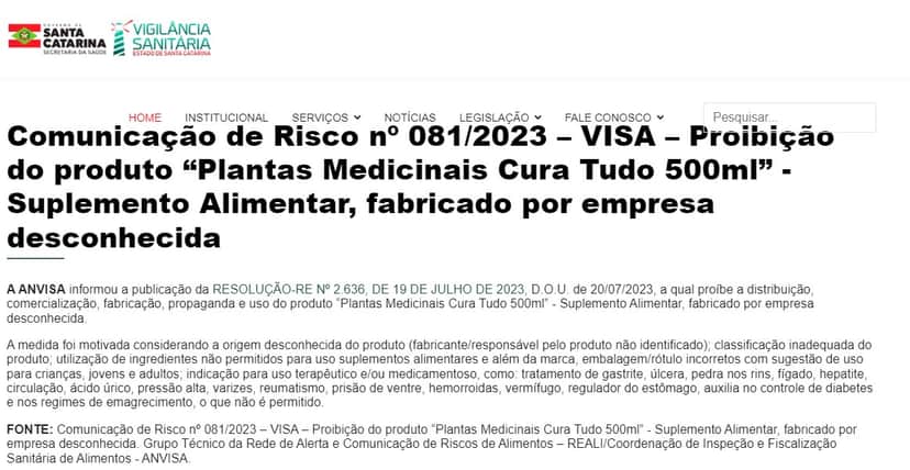 Vigilância Sanitária de Santa Catarina informa comunicado da ANvisa (Foto: Divulgação) Vigilância Sanitária de Santa Catarina informa comunicado da ANvisa (Foto: Divulgação)