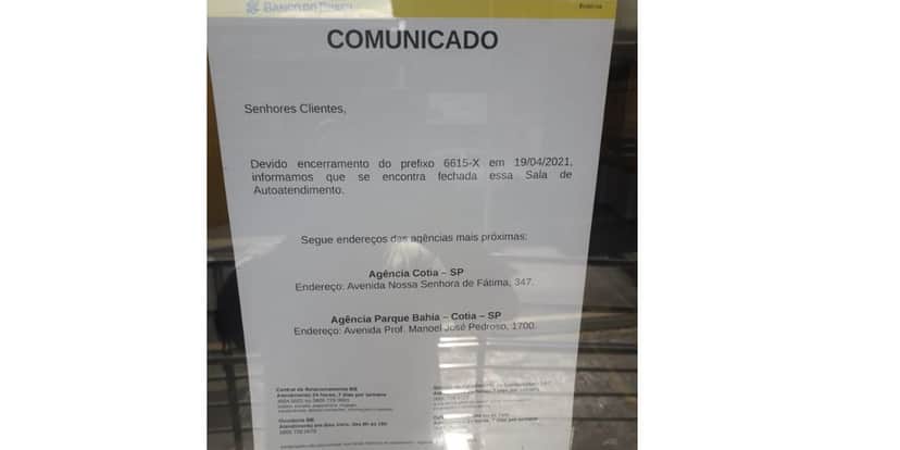 Comunicado na agência do Banco do Brasil (Foto: Reprodução / Jornal Cotia Agora) Comunicado na agência do Banco do Brasil (Foto: Reprodução / Jornal Cotia Agora)