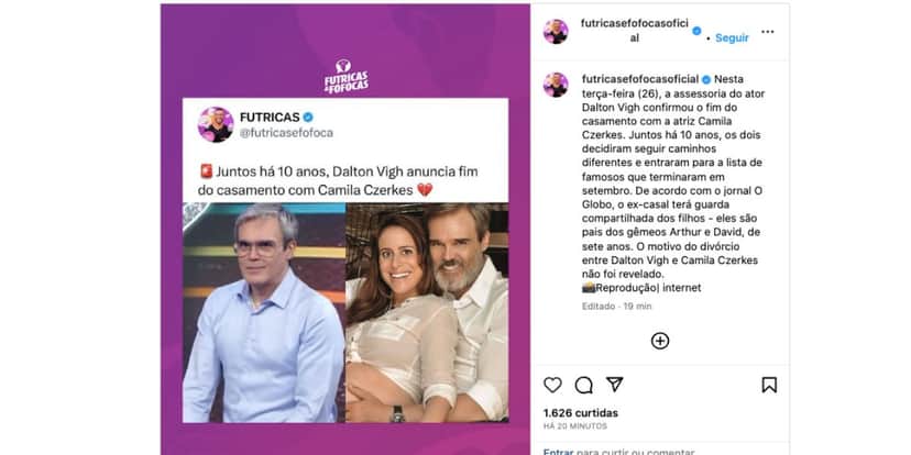 Comunicado sobre Dalton Vigh e Camila Czerkes (Foto: Reprodução / Instagram) Comunicado sobre Dalton Vigh e Camila Czerkes (Foto: Reprodução / Instagram)