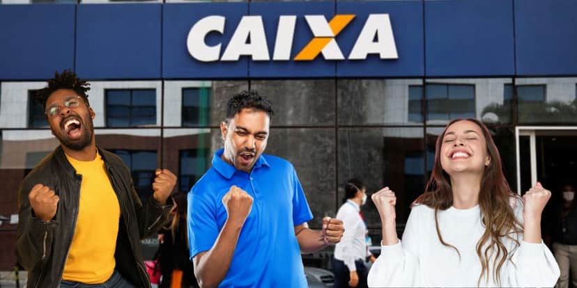 Fachada de agência da Caixa e pessoas comemorando - Foto Reprodução Internet conta poupança Fachada de agência da Caixa e pessoas comemorando - Foto Reprodução Internet conta poupança