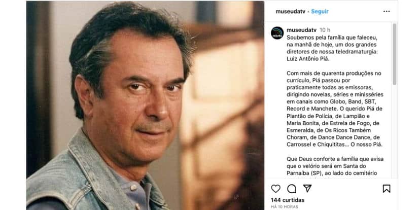Luiz Antônio Piá faleceu aos 81 anos (Foto: Reprodução / Instagram) Luiz Antônio Piá faleceu aos 81 anos (Foto: Reprodução / Instagram)