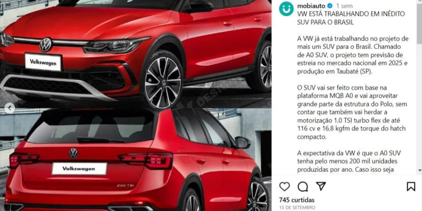 A0 SUV é o novo carro da marca (Foto: Reprodução/Instagram) A0 SUV é o novo carro da marca (Foto: Reprodução/Instagram)