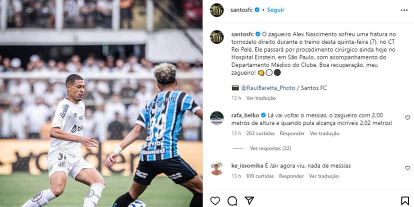 O Santos confirmou a lesão do zagueiro em suas redes sociais (Reprodução: Instagram) O Santos confirmou a lesão do zagueiro em suas redes sociais (Reprodução: Instagram)