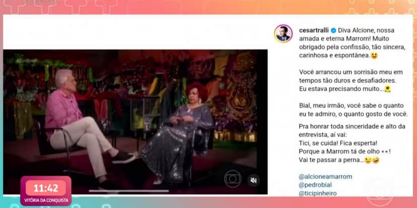 Cesar Tralli respondeu elogio de Alcione (Foto: Reprodução/TV Globo/Instagram) Cesar Tralli respondeu elogio de Alcione (Foto: Reprodução/TV Globo/Instagram)