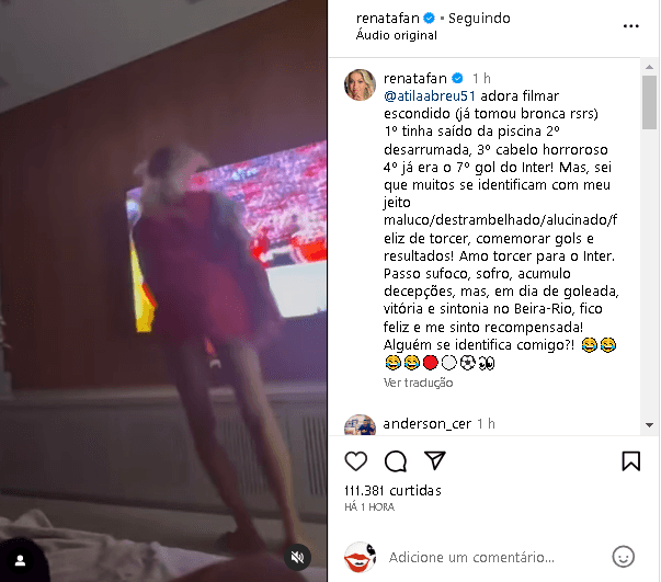 Renata Fan surgiu fora de si comemorando a vitória do Internacional (Foto: Reprodução/ Internet) Renata Fan surgiu fora de si comemorando a vitória do Internacional (Foto: Reprodução/ Internet)