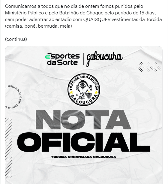 Nota oficial da torcida organizada do Atlético-MG - Foto: Reprodução/Twitter Nota oficial da torcida organizada do Atlético-MG - Foto: Reprodução/Twitter