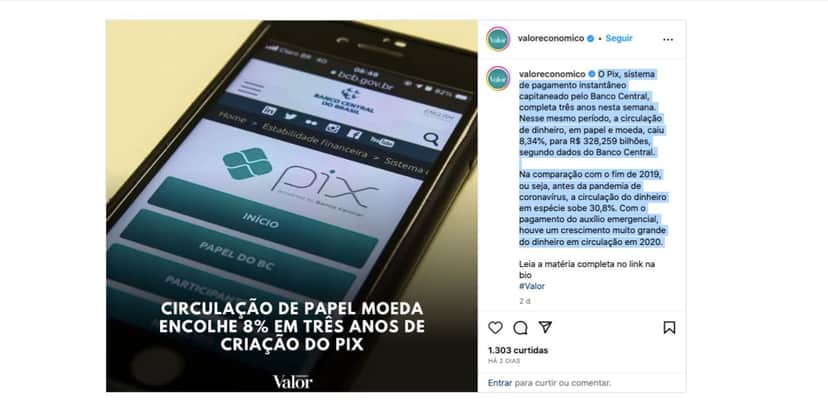 Notícia sobre o PIX (Foto: Reprodução / Instagram) Notícia sobre o PIX (Foto: Reprodução / Instagram)