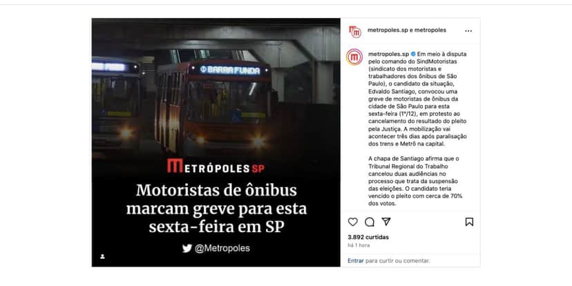 Notícia greve de ônibus (Foto: Reprodução / Instagram) Notícia greve de ônibus (Foto: Reprodução / Instagram)